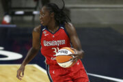 Washington Mystics center Tina Charles (31) in action during a WNBA basketball game, Saturday, May 15, 2021, in Washington. (AP Photo/Daniel Kucin Jr.)