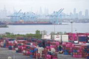 FILE - Shipping containers in the Staten Island borough of New York are seen below the shipping terminal in Elizabeth, N.J. April 22, 2026. (AP Photo/Matt Rourke, File)