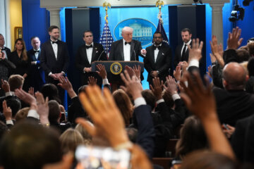 President Donald Trump takes questions in the James Brady Press Briefing Room at the White House after an unspecified threat at the annual White House Correspondents' Association Dinner in Washington, Saturday, April 25, 2026. (AP Photo/Alex Brandon)