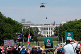 Marine One with President Donald Trump aboard, departs from the South Lawn of the White House as demonstrators rally at the National Mall during a May Day protest Friday, May 1, 2026, in Washington. (AP Photo/Rahmat Gul)