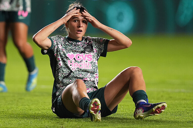 Sofia Cantore of The United States' Washington Spirit reacts after missing a chance to score against Mexico's America during the Women's CONCACAF Champions Cup final soccer match in Pachuca, Mexico, Saturday, May 23, 2026.(AP Photo/Fernando Llano)