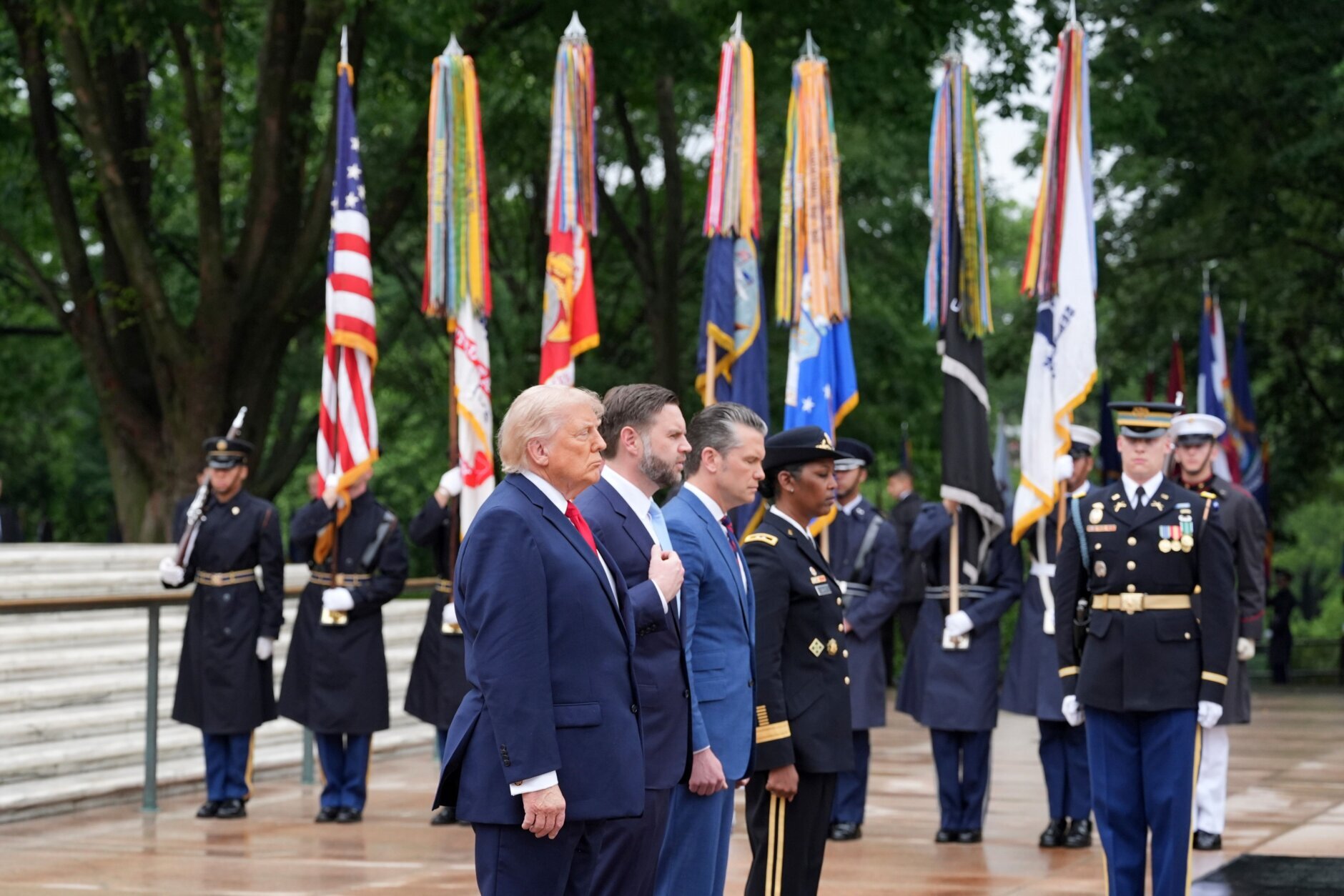 President Donald Trump, from left, stands alongside Vice President JD Vance, Secretary of Defense Pete Hegseth and Maj. Gen. Antoinette Gant,