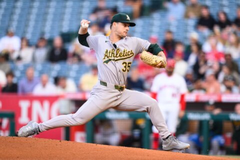 Athletics pitcher J.T. Ginn working on no-hitter through 8 innings against the Angels