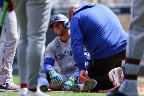 George Springer leaves Blue Jays game after being hit by pitch again on left foot