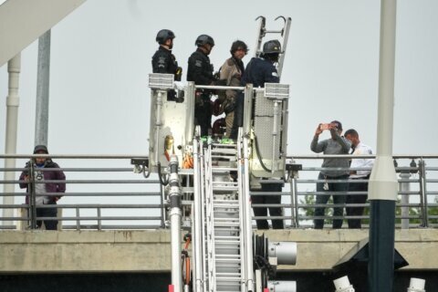Protester comes down from atop Washington bridge ending five day stand against AI and Iranian war