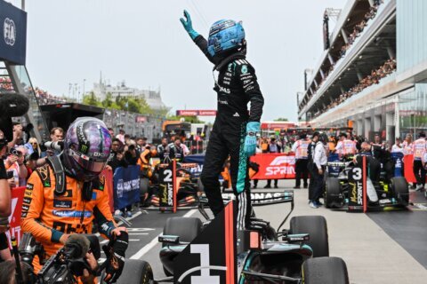 Russell clashes with Mercedes teammate Antonelli in 
Canadian GP sprint win