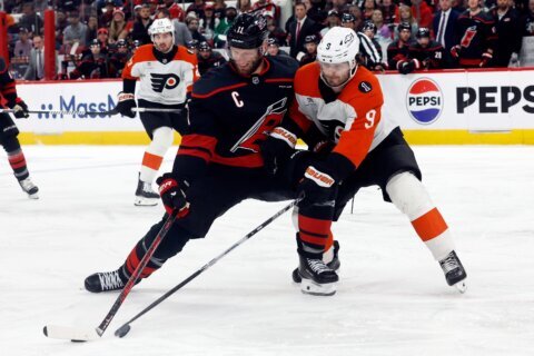 Hall’s OT score helps Hurricanes top Flyers 3-2 to take 2-0 lead in 2nd-round series of NHL playoffs