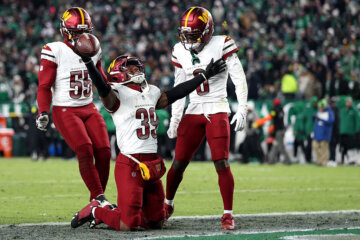 PHILADELPHIA, PENNSYLVANIA - JANUARY 04: Jeremy Reaves #39 of the Washington Commanders celebrates with teammates after an interception during the second quarter of the game against the Philadelphia Eagles at Lincoln Financial Field on January 04, 2026 in Philadelphia, Pennsylvania. (Photo by Emilee Chinn/Getty Images)