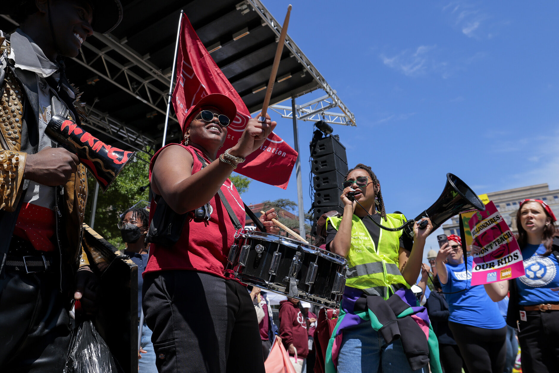 WASHINGTON, DC - MAY 01: Hundreds of demonstrators gather at Franklin Park for International Workers’ Day, also known as May Day, rallying in support of labor rights, union power, and economic justice on May 01, 2026 in Washington, DC. Protesters voiced opposition to corporate wealth concentration and policies associated with Donald Trump. (Photo by Heather Diehl/Getty Images)