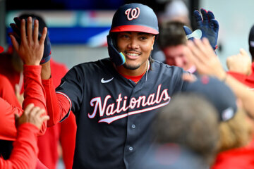 CLEVELAND, OHIO - MAY 26: James Wood #29 of the Washington Nationals celebrates after hitting a two-run homer during the second inning against the Cleveland Guardians at Progressive Field on May 26, 2026, in Cleveland, Ohio. (Photo by Jason Miller/Getty Images)