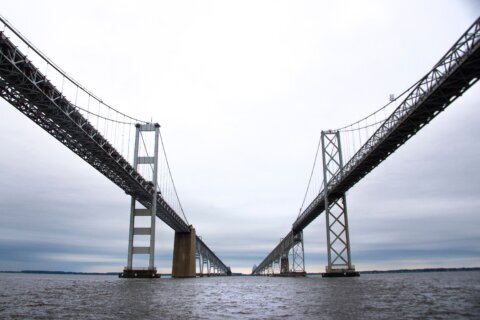 two-span bridge seen from underneath water level