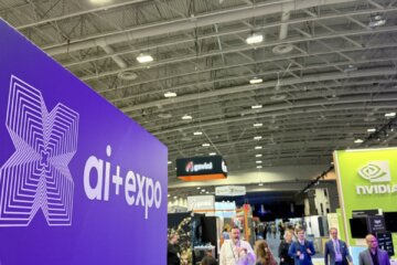 wide view of ai expo in convention center with ai expo sign to the left