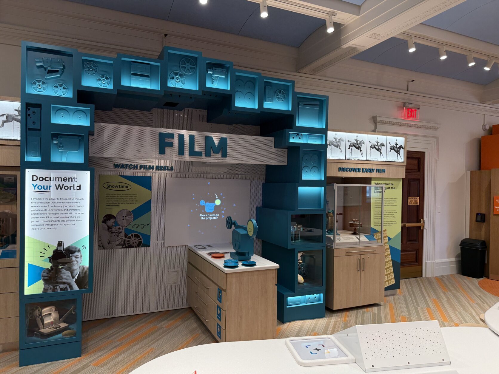 Students can check out a film section complete with projector and faux reels that play footage from World War Two and even “The Sound of Music.”