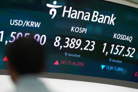 Asian shares are mostly higher, tracking Wall Street’s fresh records, and oil prices fall