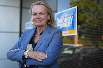 FILE - April McClain-Delaney, Democratic candidate for Maryland's 6th Congressional District, poses for a portrait, Oct. 10, 2024, in Gaithersburg, Md. (AP Photo/Stephanie Scarbrough, File)