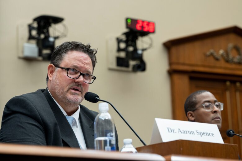 Loudoun County, Va. Public Schools Superintendent Dr. Aaron Spence, left, testifies during a House Education and Workforce Committee hearing on parental rights and school content policies, Wednesday, June 10, 2026 in Washington. (AP Photo/Kevin Wolf)