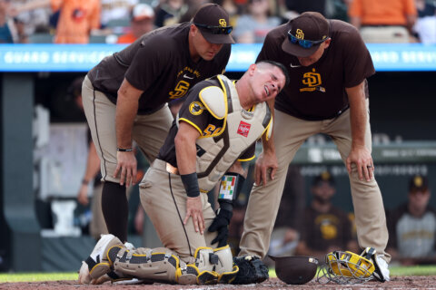 San Diego’s Bogaerts hit on the helmet by a pitch, then Baltimore’s Henderson gets hit
