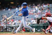 Kansas City Royals' Michael Massey hits a solo home run during the third inning of a baseball game against the Washington Nationals, Wednesday, June 17, 2026, in Washington. (AP Photo/John McDonnell)