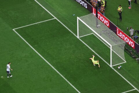 Austria goalkeeper Alexander Schlager dives for the soccer ball.