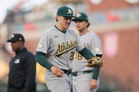 Athletics’ Zack Gelof loses hit streak at 24 games after getting spiked on his right hand