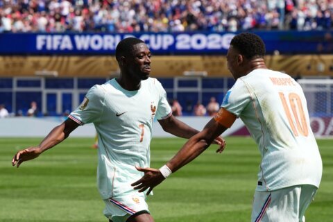 France forward Ousmane Dembélé scores a first-half World Cup hat trick against Norway