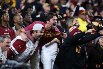 LANDOVER, MARYLAND - OCTOBER 27: Fans react as the Washington Commanders take on the Chicago Bears in the fourth quarter at Northwest Stadium on October 27, 2024 in Landover, Maryland. The Washington Commanders won 18-15. (Photo by Scott Taetsch/Getty Images)