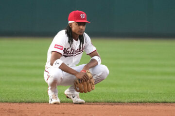 WASHINGTON, DC - JUNE 02:  CJ Abrams #5 of the Washington Nationals looks on during a baseball game against the Miami Marlins at Nationals Park on June 2, 2026 in Washington, DC.  (Photo by Mitchell Layton/Getty Images)