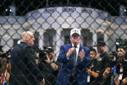 U.S. President Donald Trump stands in The Octagon with UFC CEO Dana White at the conclusion of the UFC Freedom 250 mixed martial arts event on the South Lawn of the White House in Washington, D.C., in the early morning hours of June 15, 2026. (Photo by Kent NISHIMURA / AFP via Getty Images)