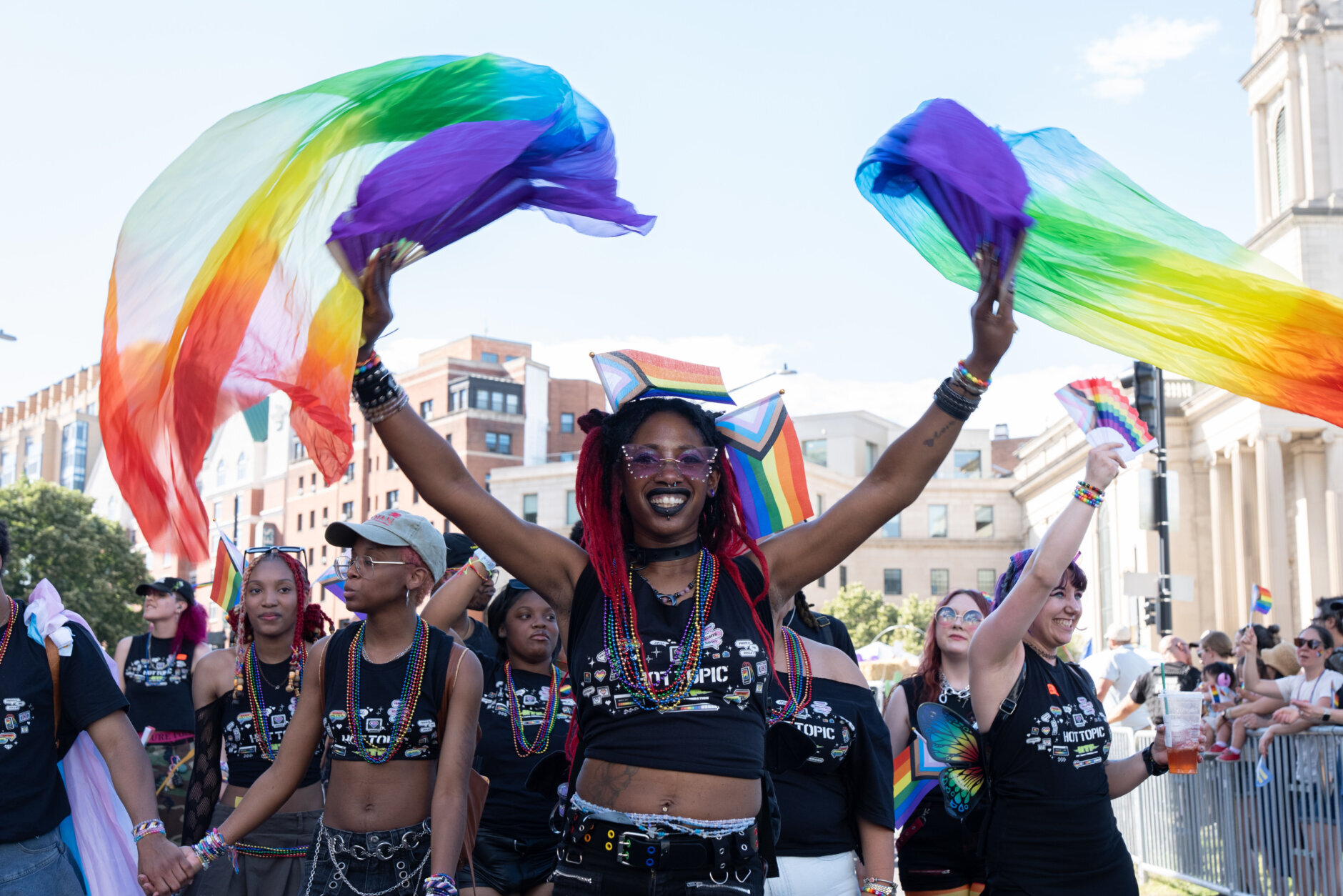 WASHINGTON, DC - JUNE 20: People march in the Capitol Pride Parade on June 20, 2026 in Washington, DC. The Capitol LGBT parade had been postponed due to President Trump's UFC fight at the White House. (Photo by Aaron Schwartz/Getty Images)