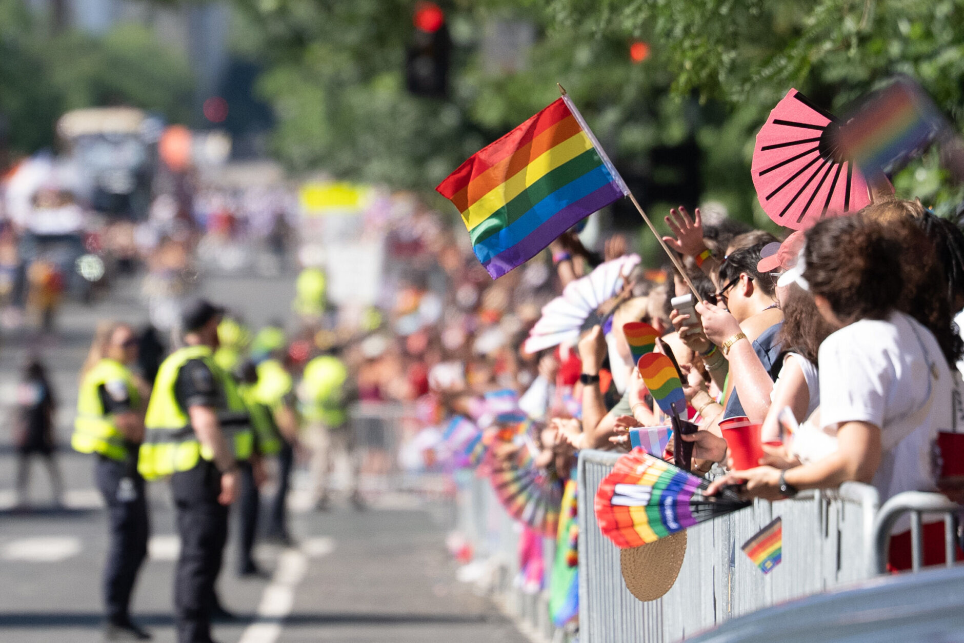 WASHINGTON, DC - JUNE 20: An attendee waves a pride flag at the Capitol Pride Parade on June 20, 2026 in Washington, DC. The Capitol LGBT parade had been postponed due to President Trump's UFC fight at the White House. (Photo by Aaron Schwartz/Getty Images)