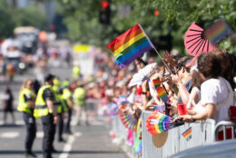 WASHINGTON, DC - JUNE 20: An attendee waves a pride flag at the Capitol Pride Parade on June 20, 2026 in Washington, DC. The Capitol LGBT parade had been postponed due to President Trump's UFC fight at the White House. (Photo by Aaron Schwartz/Getty Images)