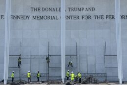 <p>Crews prepare to remove Donald Trump’s name from the Kennedy Center building in D.C. (WTOP/Jimmy Alexander)</p>
