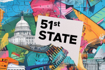 a graphic reading 51st state with colorful dc imagery surrounding