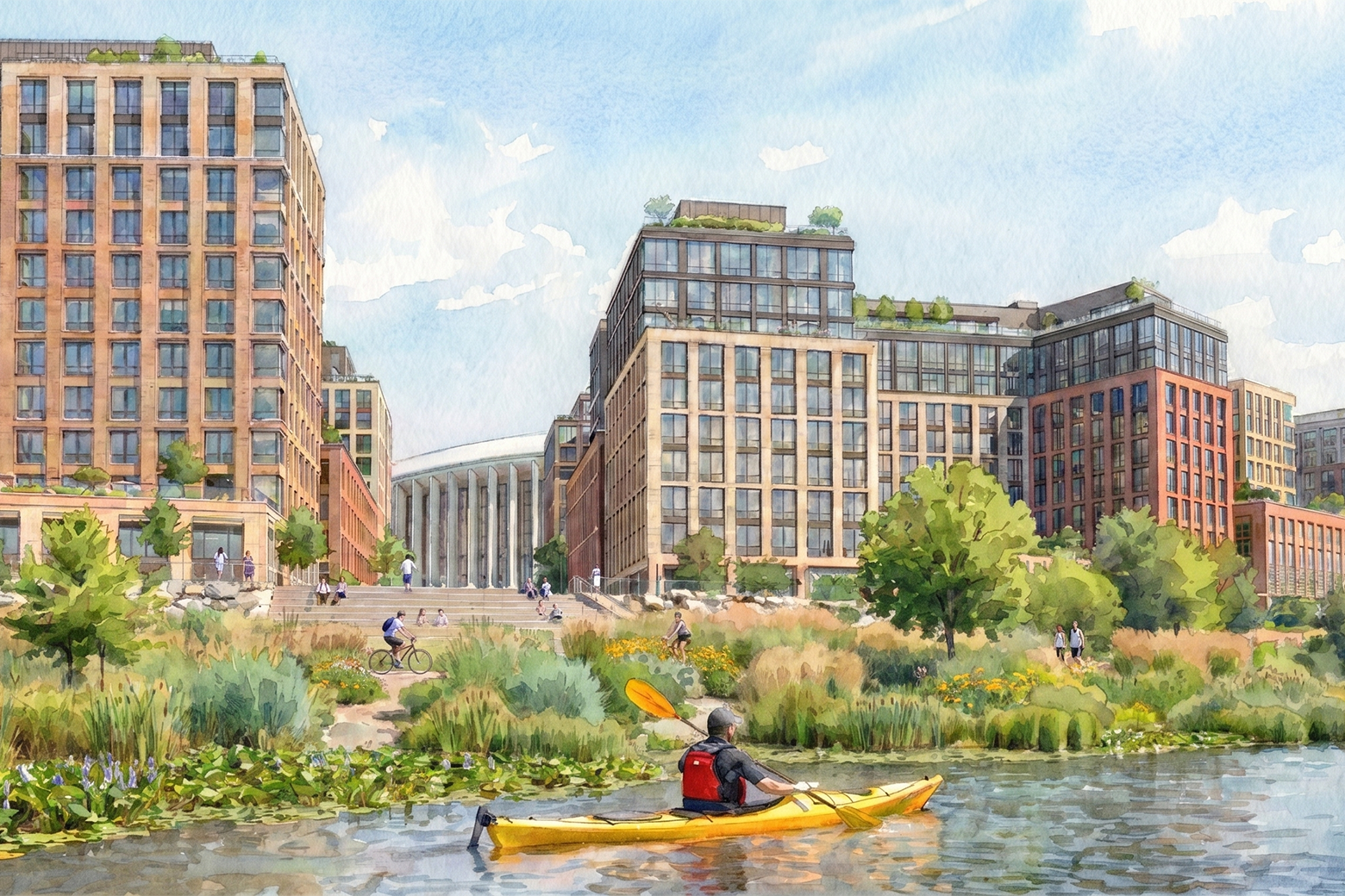 person kayaking near stadium