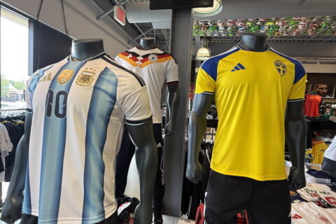 Jerseys of teams in the 2026 World Cup on display at Rockville Soccer in Maryland. 