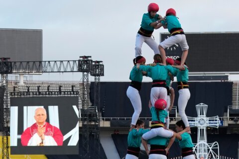 Catalonia’s famed human tower climbers greet Pope Leo in Barcelona