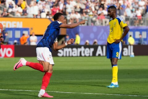 France forward Kylian Mbappé scores his 17th and 18th World Cup goals, one back of Lionel Messi