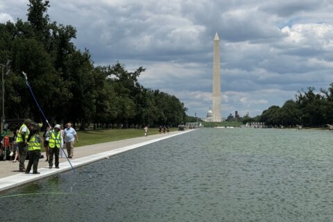 Workers treating algae in newly renovated Reflecting Pool with hydrogen peroxide and ‘nanobubbles’