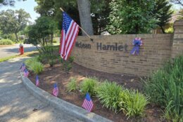 A flag hangs over a brick wall welcoming visitors to McLean Hamlet.