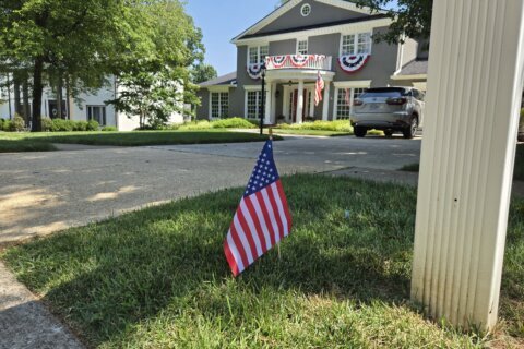 A stick-flag protrudes from a small and grassy quad at the driveway of a McLean Hamlet home.