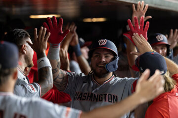 Washington Nationals' Andrés Chaparro celebrates after hitting a three run home run during the seventh inning of a baseball game against the Athletics, Friday, July 17, 2026, in West Sacramento, Calif. (AP Photo/Sara Nevis)