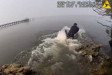 This still from body-worn camera footage shows St. Mary's County Sheriff's Deputy Matthew Camp toward a 9-year-old boy found in a river.