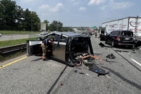 A Tesla Cybertruck cut in half after a multi-vehicle accident in Silver Spring, Maryland, on Saturday, July 18, 2026. 