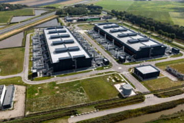Aerial drone photo of Microsoft data centers in Middenmeer, Netherlands, surrounded by farmland, September 1, 2025.