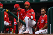 WASHINGTON, DC - JULY 26: CJ Abrams #5 of the Washington Nationals waits to bat in the sixth inning against the Arizona Diamondbacks at Nationals Park on July 26, 2026 in Washington, DC. (Photo by Jamie Sabau/Getty Images)