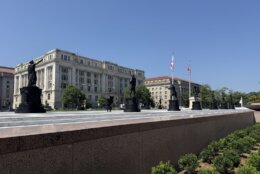 statues in urban plaza