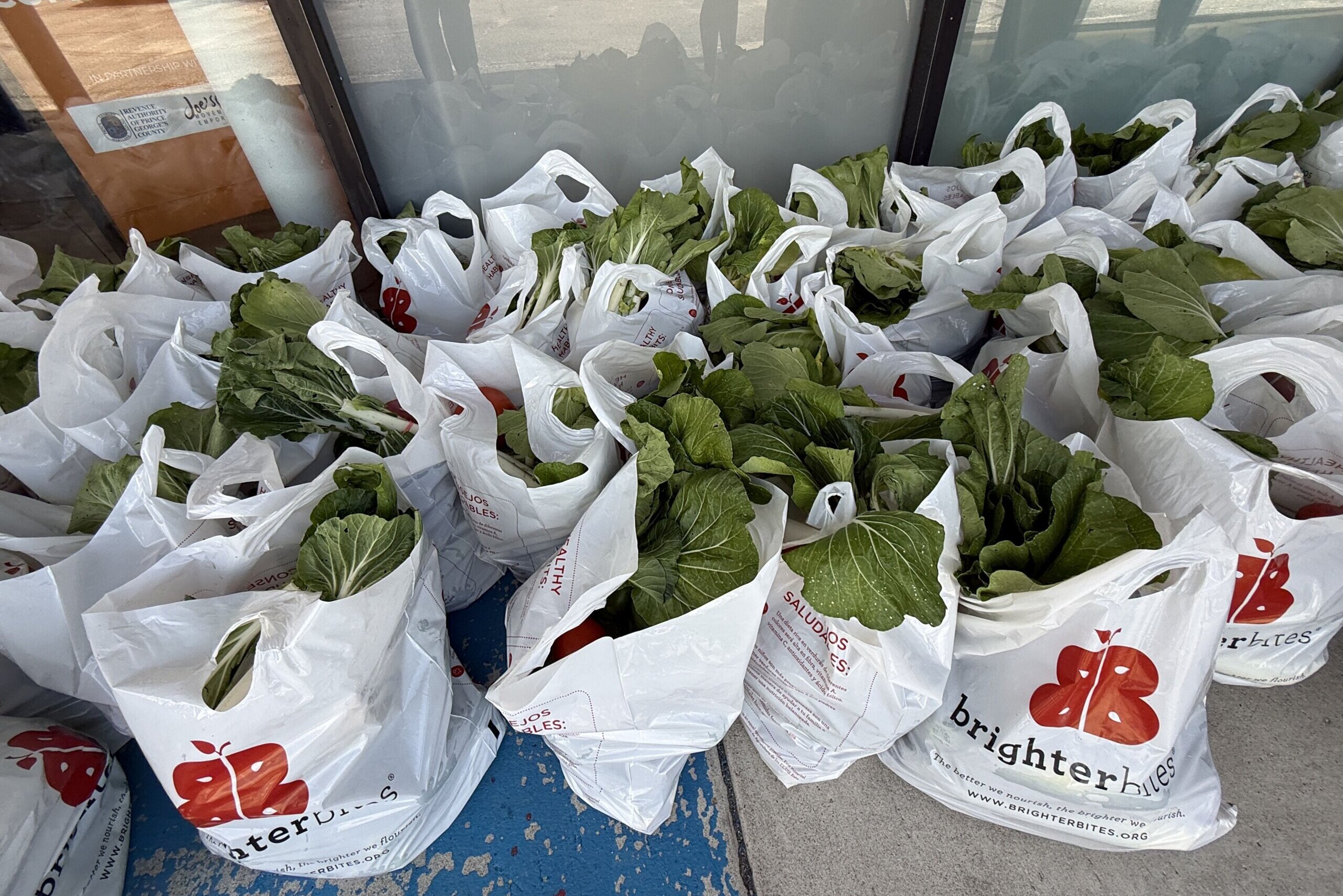 Plastic grocery bags filled with leafy greens