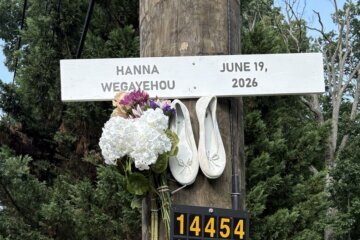 A makeshift memorial to Hanna Wegayehou, 61, who was killed by a hit-and-run driver in Silver Spring on June 19.
