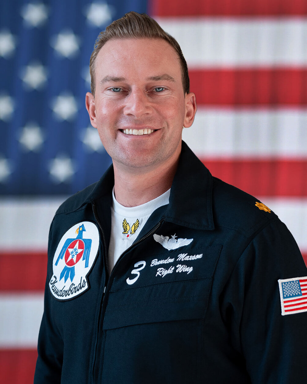 Maj. Brandon Maxson flies Thunderbird 3, the third plane in the six-jet formation.