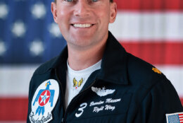 Maj. Brandon Maxson flies Thunderbird 3, the third plane in the six-jet formation.
